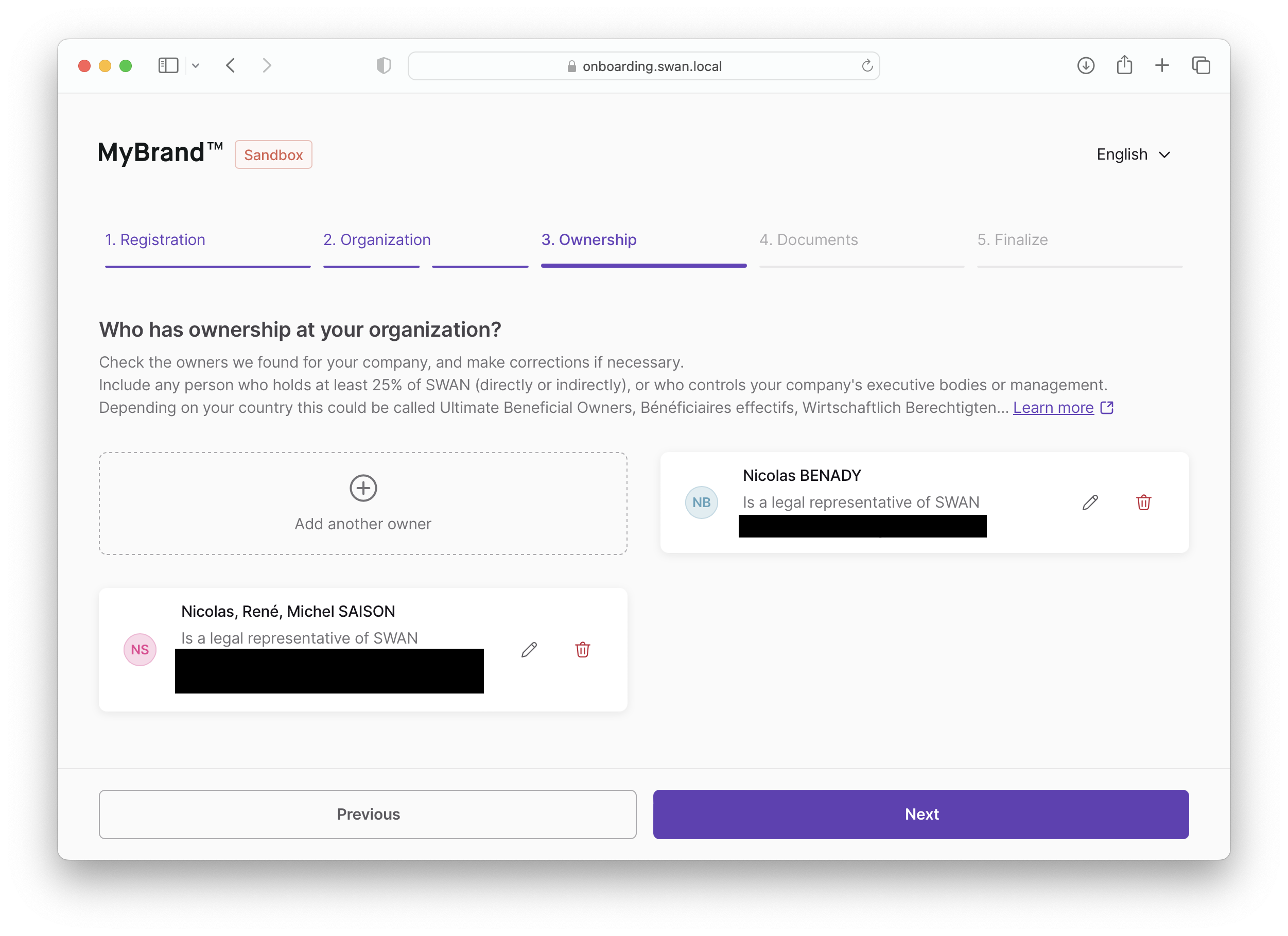 Screenshot of step to collect owner information for company onboarding