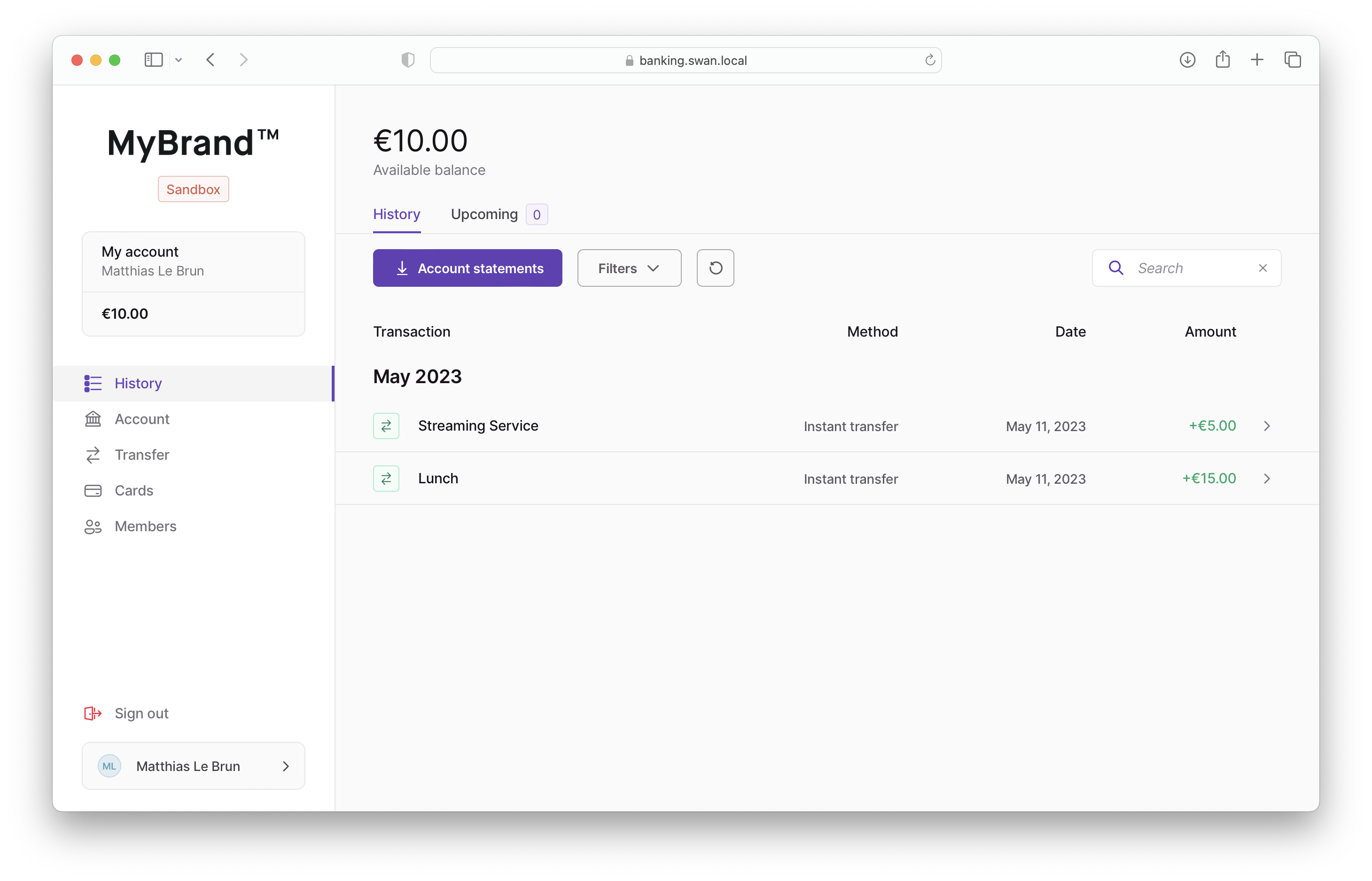 Screenshot of Swan's banking interface